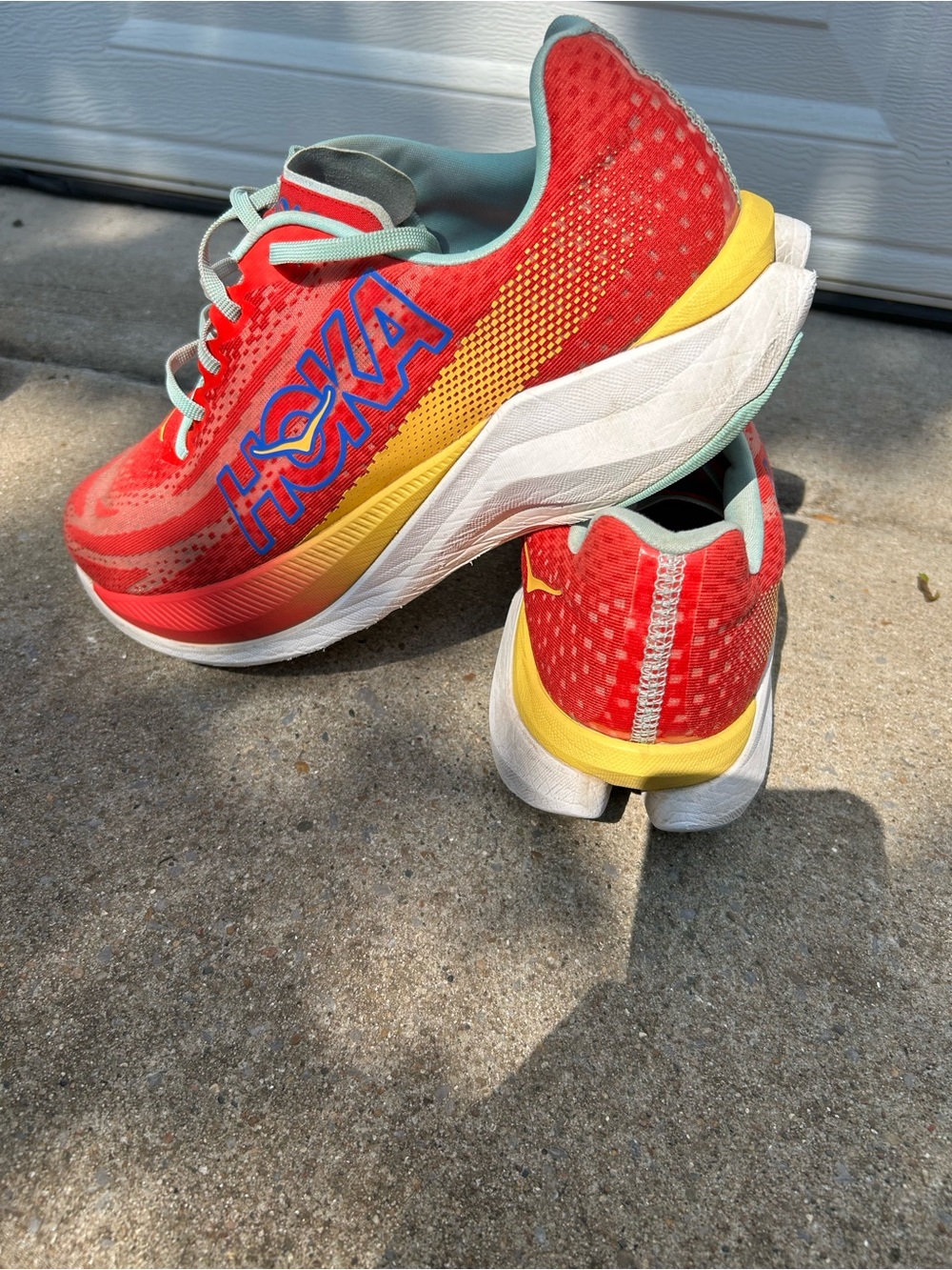 Hoka Men Running Shoes - Coral Red with Yellow and Mint Accents